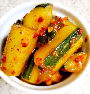 Spicy Cucumber Salad : Fresh cucumber with garlic and korean pepper flakes mixed kimchi style