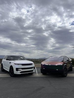 Range Rover sport and Tesla Cybertruck both wrapped in Flexishield color paint protection film