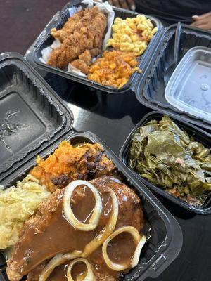 Smothered pork chops, cabbage and yams. Whiting, Yama, MAC, side of collards.