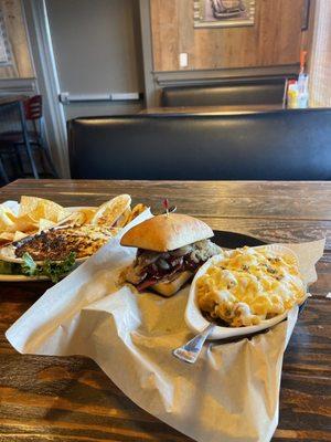 Brisket sandwich w/ side of southern spiced macaroni  Crab and shrimp dip