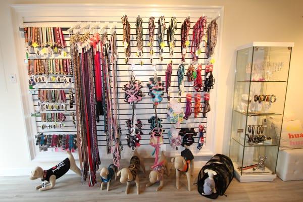 Fetch has a beautiful selection of Collars, Harnesses & Leashes both exquisite and whimsical.  Always well made!