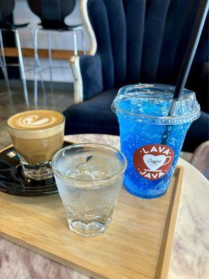 Cortado and a blue curaçao Italian soda no cream no whip