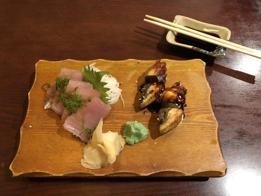 Todays special 5 sashimi for $10. Had the albacore tuna with eel sushi. Delish and I love the presentation