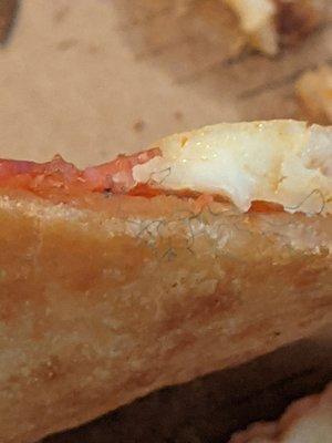 Close up of another slice of pizza that has green plastic netting in the dough.