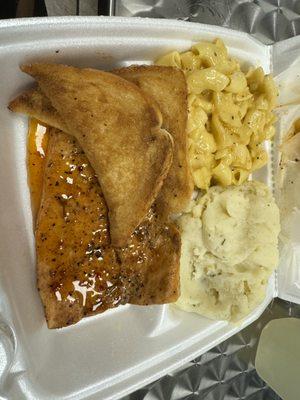 Sweet Chili Salmon with Garlic Mash and Mac and Cheese