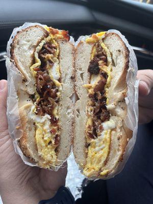 Bacon, egg, and cheese on an everything bagel.