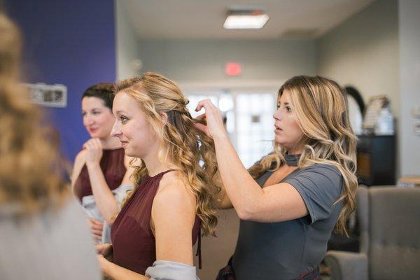 Belle Tresor's own, Meagan, working on one of the bridesmaids!