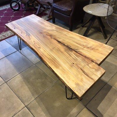 Our newest live edge wood creation: Red Oak Coffee Table with iron hairpin legs!