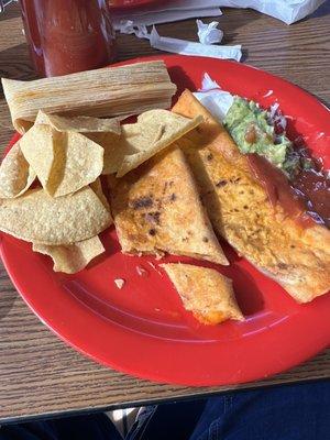 My main plate. 2 cheese enchiladas, chips, & a pork tamale.