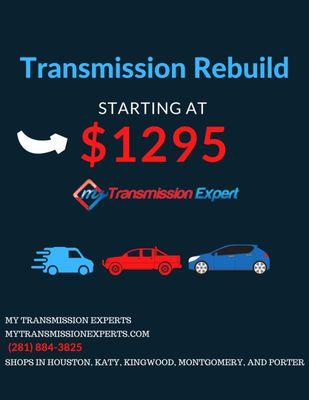 Transmission Rebuilds and Repair starting at $1295 in Porter & Kingwood.