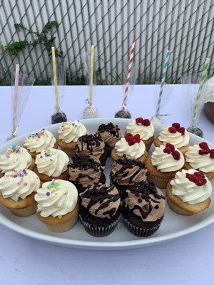 Vanilla, chocolate, and raspberry cupcakes.