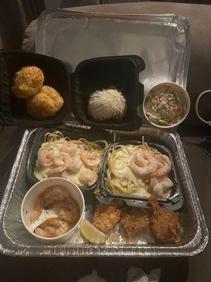 Pick 4 - Shrimp Linguini Alfredo, Garlic Shrimp Scampi, Parrot Isle Jumbo Coconut Shrimp, Coleslaw, Mashed Potatoes & Biscuits.