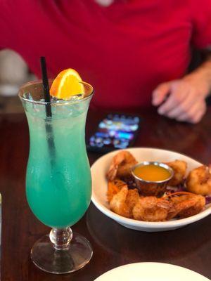 Blue Hawaiian Cocktale and Coconut Fried Prawns. Yum!