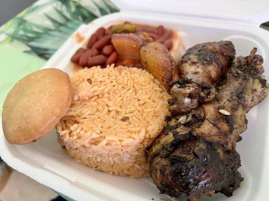 Jerk Chicken (Spicy) small portion with Yellow Rice Peas, Red Beans, Plantain & a Johnny Cake