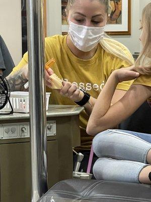 Dentist SHOWED the patient HOW to brush, The most important places to reach with braces and HOW to take care of HER OWN TEETH.