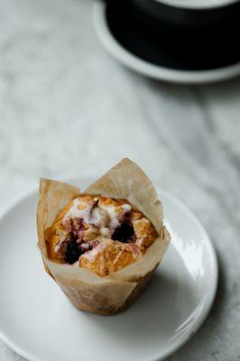 Black and blueberry muffin with yuzu glaze