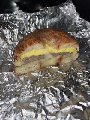 Bacon Egg Sausage on a Tomato Mozzarella bagel