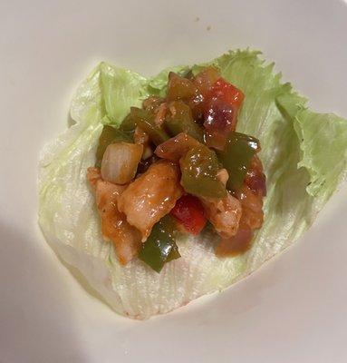 Lettuce wrap chicken, peppers and onions