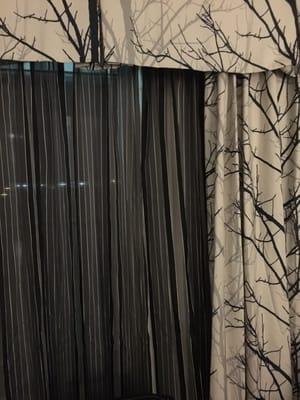 Drapes coordinate with the carpet. Blue, black and white tones throughout give the room a sleek yet high end comfortable feel.