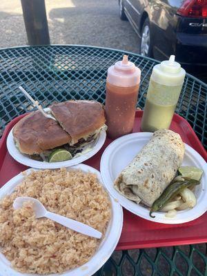 rice $6 , carne asada torta $9.50  & carnitas burrito $8.50 (prices as of oct. 2024)