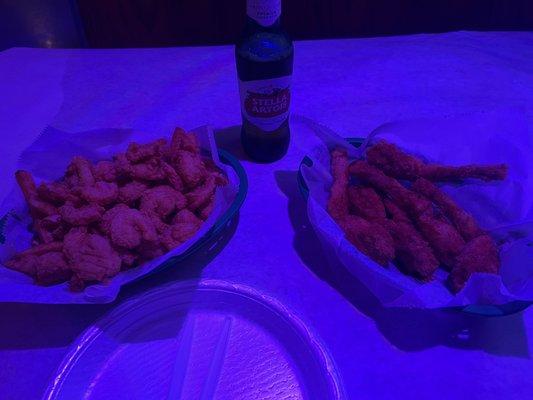 Popcorn shrimp with fries (kids menu) & frog legs  With a cold Stella