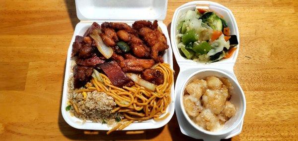 3 Item Combo Half Half Fried Rice, Noodles, BBQ Pork, Chicken Jalapeños, Veg Chop Suey, Coconut Shrimp