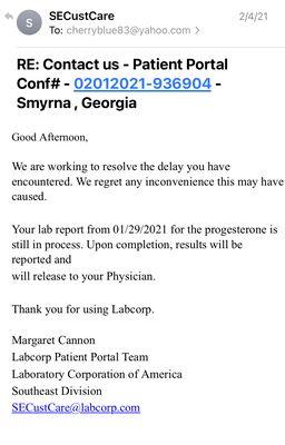 Email confirming the test results were delayed