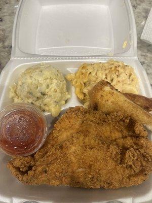 Fried catfish with potato salad and Mac and cheese