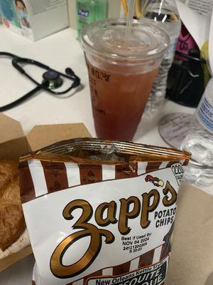 Barbecue chips, strawberry refresher drink