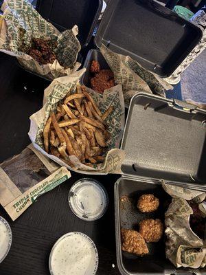 Honey wings & BBQ bottom right, fries, Parm garlic & Cajun top right, Korean BBQ top left