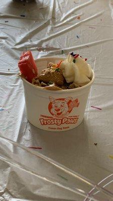 Pup Cup complete with watermelon, peanut butter, whipped cream, and sprinkles from our Dog Ice Cream Social toppings bar