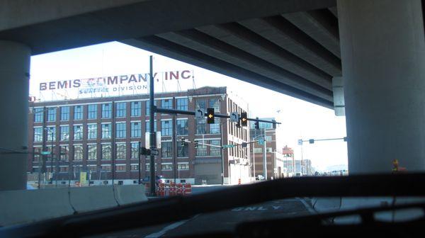 View of the Bemis Building from the highway 99 Atlantic Street off-ramp.