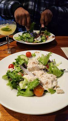 Greek salad with chicken salad and steak and bleu salad