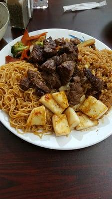 Ribeye and Calamari with fried rice and noodles