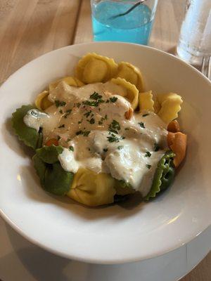 Tortellini in a Parmesan cream sauce. Delicious and vegetarian (not vegan)!