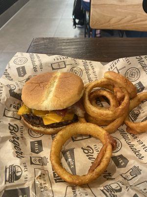 Sweet bacon burger and onion rings