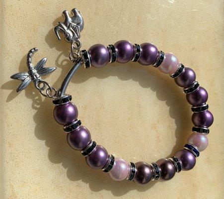 7.5 inch purple and pink 10mm glass beads with silver / black spacer