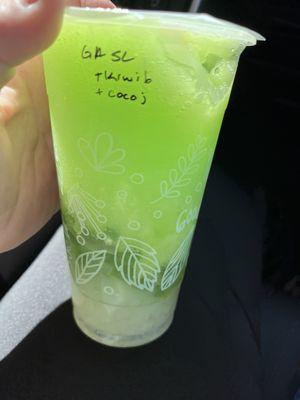 Green slush w kiwi Boba and coconut jelly, very good