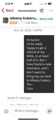 Conversation with Albany Subaru manager on Yelp