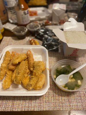 Tempura seafood with miso soup and rice