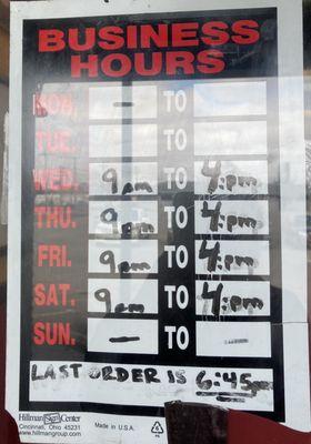 The hours as of March 2021.  Open 4 days a week.