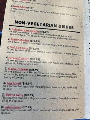 Non-Vegetarian menu