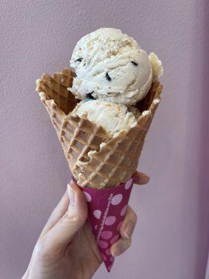 Double scoop with waffle cone, birthday cake and chocolate chip cookie dough