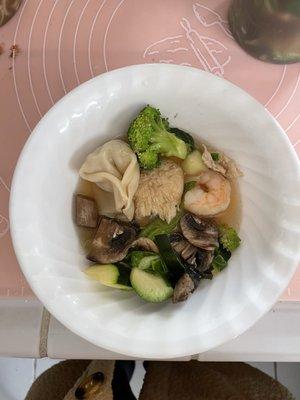 Wonton soup has good mix of veggies and other meats