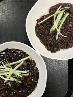 Top right is the ManGu jjajang (aka Black Bean Noodle #7) and bottom left is the Yetnal jjajang (aka Classic Black Bean Noodle #6)