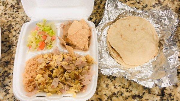 Egg and Ham breakfast with homemade tortillas.