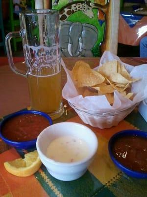 Cheese dip, regular blue moon beer on tap