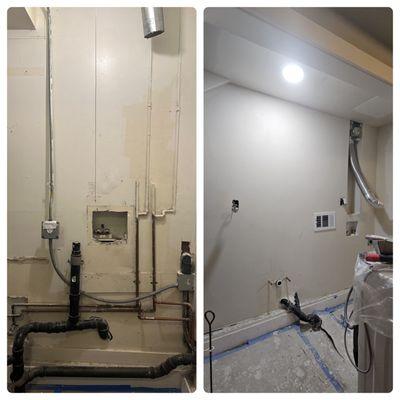 Laundry Room remodeling: Demo, Plumbing, electrical and HVAC relocation, drywall, painting.