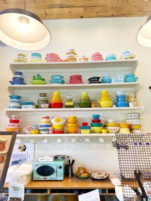 Collection of vintage Pyrex bowls.