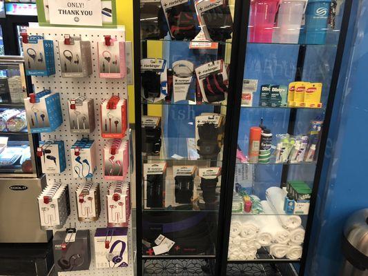 Workout accessories, headphones, various types of personal hygiene products for both men and women.